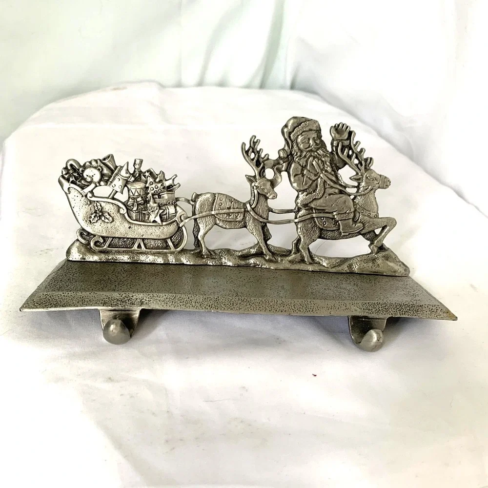 Santa Claus Sleigh Reindeer Stocking Holder Heavy Metal Christmas Mantle Decor